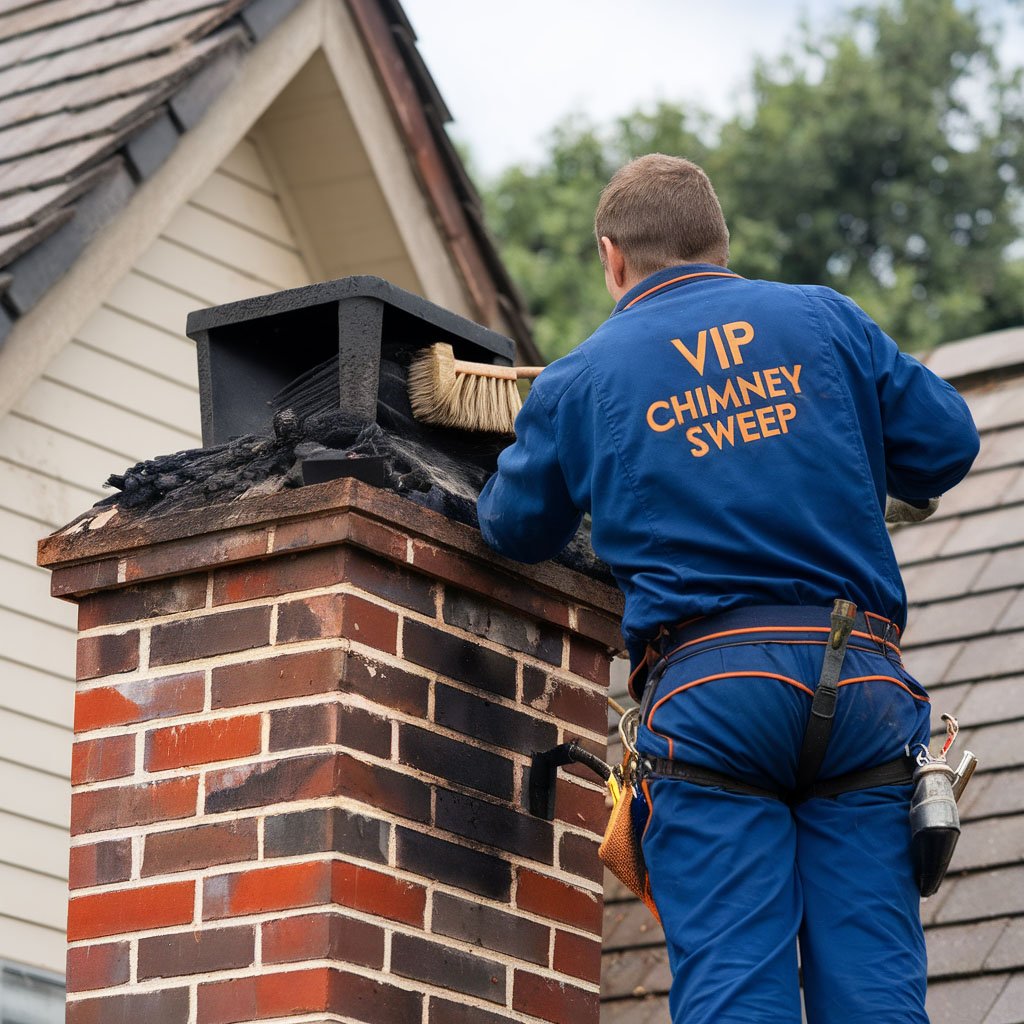 Technician cleaning a brick chimney on a sunny day